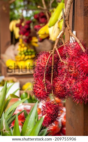 Dragon fruit at a Hawaiian fruit stand.