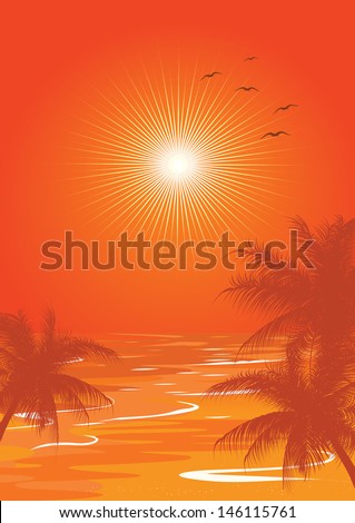 illustration of sea and palm trees on an orange background.