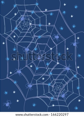 blue background with spider webs and spiders.