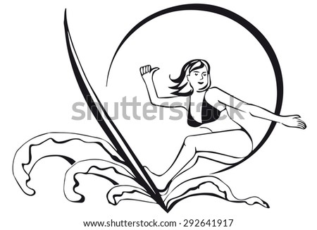 Silhouette of a surfer. Girl with sun.thumbs up. White background.