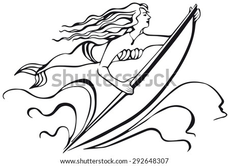 Mermaid with a surfboard. Silhouette of woman. Isolated image