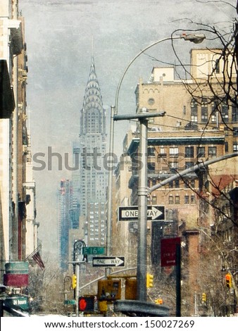 Street in New York City . View to Chrysler building. Texture added to create retro atmosphere.