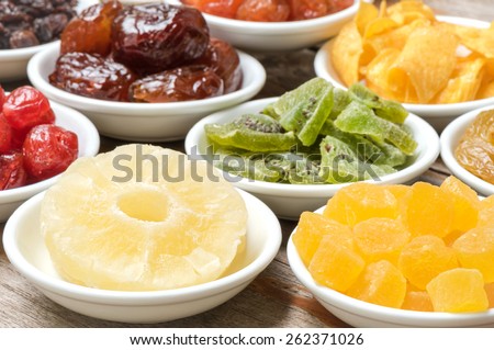 Close-up dried pineapple and group fruits