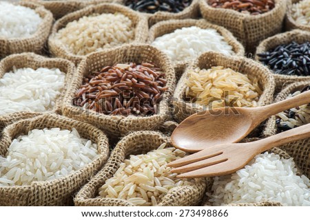 Group of organics rice in burlap bag