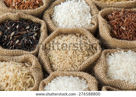 Thai\'s rice  collection in burlap bag