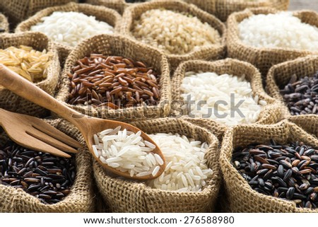 Thai\'s rice collection in burlap bag