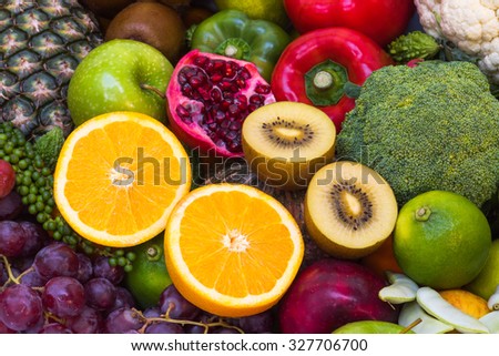 Close-up orange juice with group Fruits and vegetables for healthy