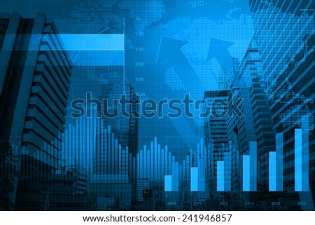 Arrow head with Financial chart and graphs on city background