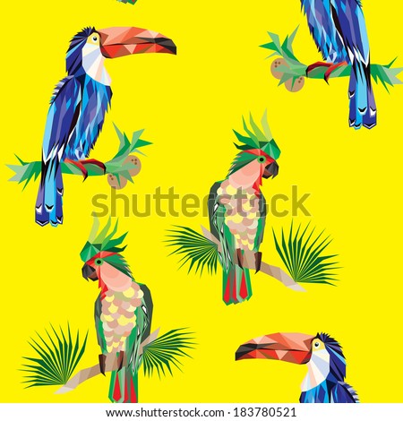 Seamless texture bright tropical birds parrots and toucans on a yellow background