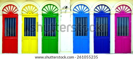 Colored doors on facade