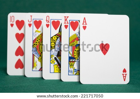 Closeup of heart royal flush the highest ranking hand in hold\'em poker in horizontal view