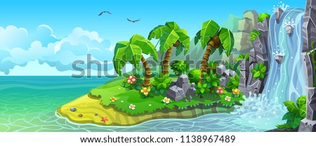 Coast of tropical island with waterfall and palm trees. Vector landscape panorama.