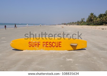 Surf Rescue- surf board of life guard at a Goa beach, India.
