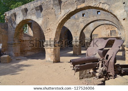 DIU, INDIA - JAN 14:Five hundred year old Portuguese Guns, made of steel, rusting away at the Diu Fort, an erstwhile Portuguese Colony in India on January 01, 2013 in Diu, India