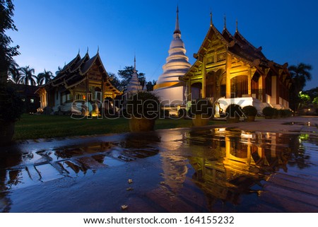 Phra Singh temple twilight time Viharn Lai Kam Wat Phra Singh is located in the western part of the old city center of Chiang Mai Thailand