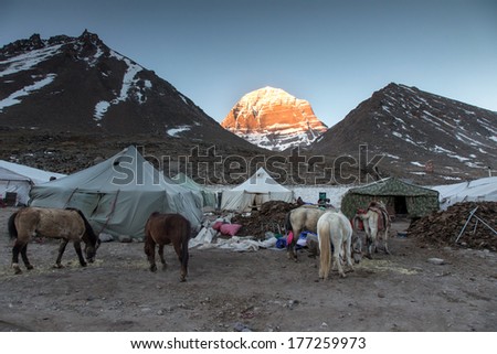 The holy Kailash Mountain at first light of sunrise, Tibet, China