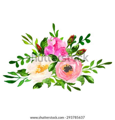 Beautiful floral hand drawn watercolor bouquet, bunch of flowers arrangement, with pink roses, white and purple flowers, isolated on white background. Can be used for invitations or wedding design