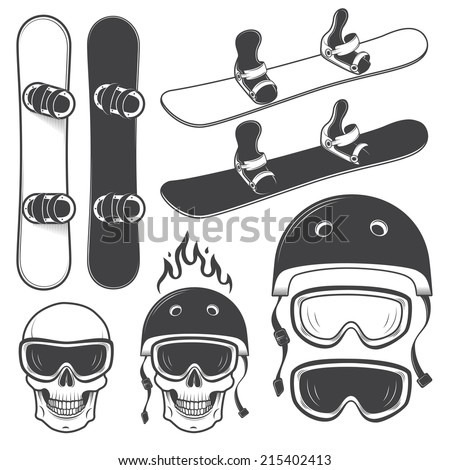 Set of black and white snowboards and designed snowboarding elements. Extreme theme, winter sport, outdoors adventure.