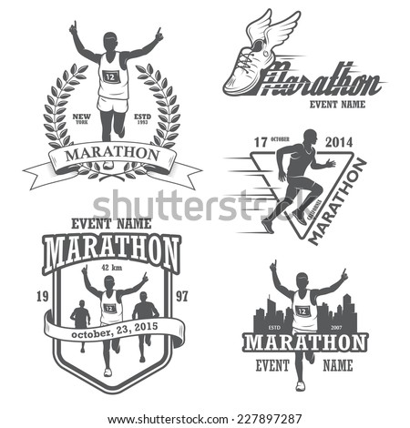 Set of running marathon and jogging emblems labels and badges isolated vector illustration Set of running marathon and jogging emblems labels and badges isolated vector illustration