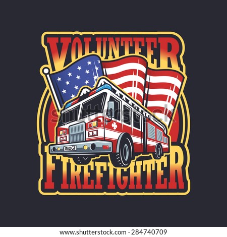 Vintage firefighter emblem with firefighter truck and american flag on dark background