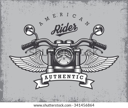 Vintage motorcycle print with motorcycle, wings and ribbon on grange background.