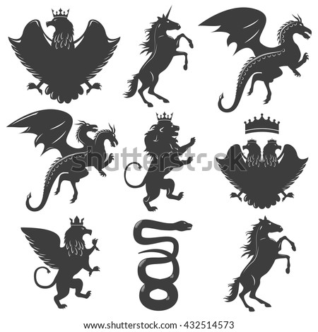 Heraldic animals decorative graphic icons set with horse lion dragon snake eagle crown unicorn isolated vector illustration