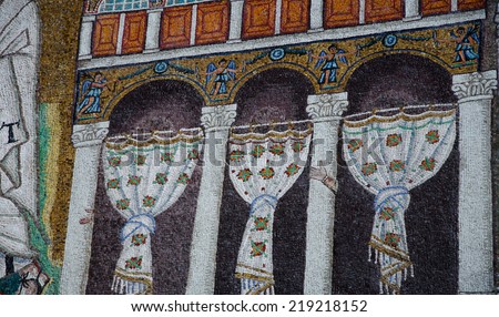 Ravenna,Italy - CIRCA AUGUST, 2013 - 1500 years old Byzantine mosaics of the palace of Theodoric in the fourth century basilica of Saint Apollinaris, Italy. Including strange hands on the pillars