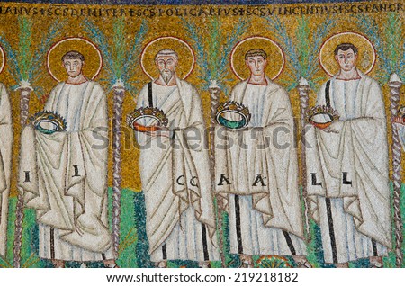 Ravenna,Italy - CIRCA AUGUST, 2013 - 1500 years old Byzantine mosaics of the apostles holding wreaths at the St Apolonaire church in Ravenna.