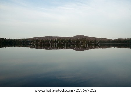 Forest  trees reflecting in calm lake, Algonquin Provincial Park, Canada