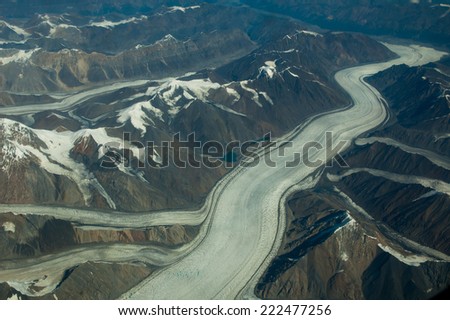 Glacier system in Wrangell St. Elias National Park  seen from commercial plain, Alaska