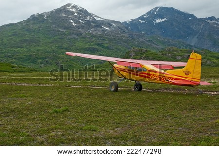 WRANGELL-ST.ELIAS,USA - CIRCA AUGUST, 2010- Small bush-plane waiting for a start on a remote airstrip in Alaska near Tebay Lake in Wrangell Mountains.