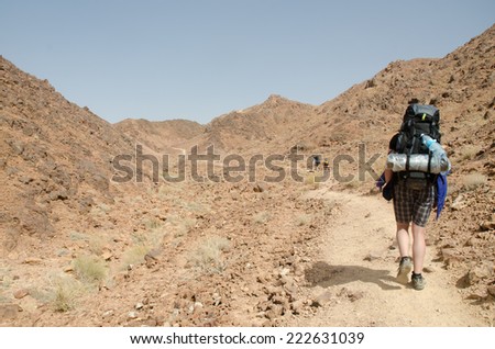 NEGEV DESERT, ISRAEL - CIRCA APRIL,2013 - Hiker from Europe walking near natural crater Makhtesh Ramon in Negev Desert.