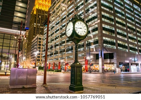 Historic City Clock at the Intersection of Main Street and Texas Street at Night (Downtown Houston) - Houston, Texas, USA