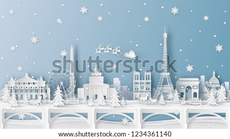 Winter landscape and Christmas season with the world famous architecture in Paris, France. paper cut and craft design. vector, illustration.