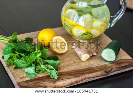 Water with lemon, ginger, cucumber, mint