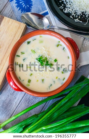 Cream soup with shredded cheese and green onions on the background