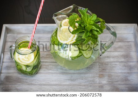 Water with lemon, mint, ginger and cucumber