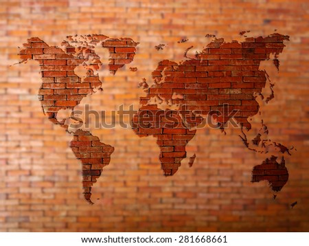 world map on brick wall background