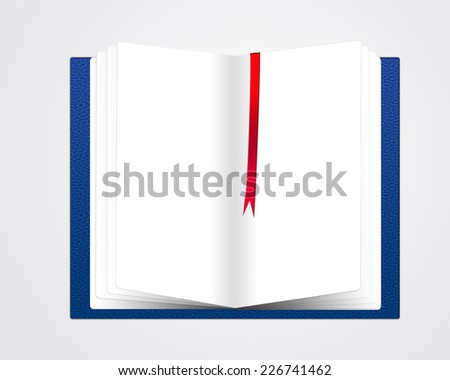 The empty open blue book on a gray background.