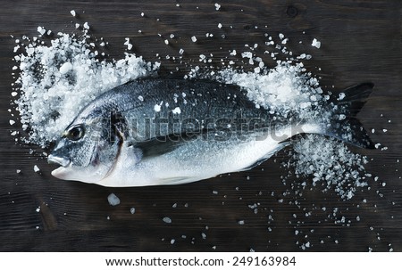 Fresh fish dorado sea bream on black board with salt for cooking magazines and recipes