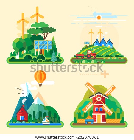 Vector flat illustration - House at the lake. House in the mountains. Wild nature. Ecotourism. Ecology structure. Eco farm. Green energy.