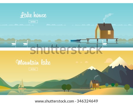 Two horizontal banners. a house on the lake. Mountain lake, sailing on the lake