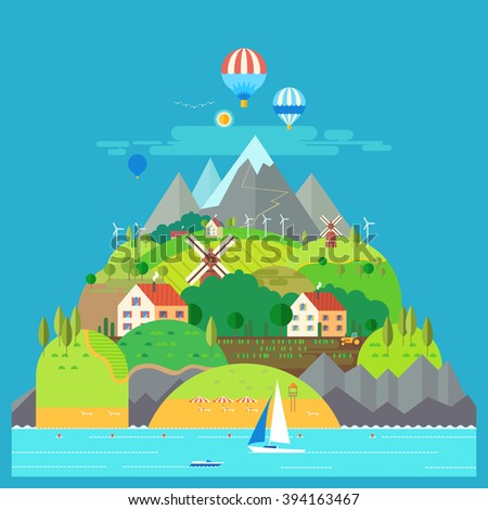 Mountain landscape. The hotel is in the mountains. Mountain Lake. Ballooning. Mountain Trail. Ecological holidays. Sailboat in the sea. The development of agriculture.