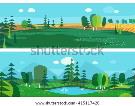 Vector flat illustrations - Abstract forest. Wildlife. Forest view. Mountain landscape. Ecosystem. Forest lake