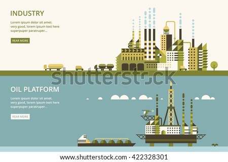 Oil platform in sea background.  industry factory. Industrial illustration in flat style.