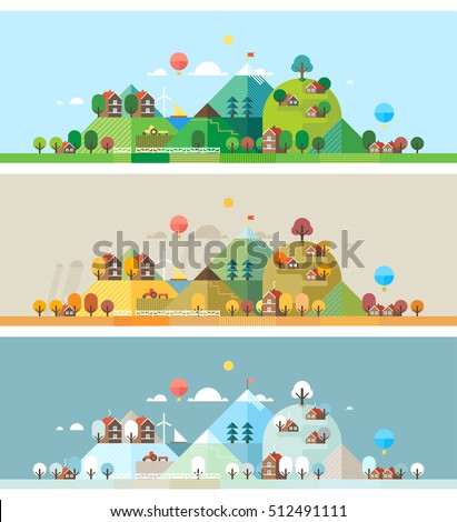 Rural landscape. Three seasons: summer, autumn, winter.
