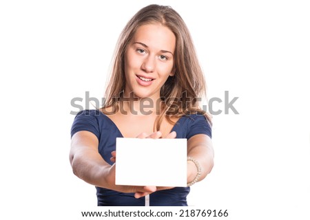 Young woman holding white board on white isolated background
