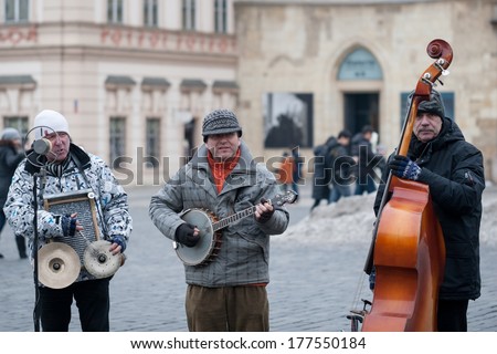 PRAGUE, CZECH REPUBLIC - February 2nd, 2014 - Swing jazz band play songs on Old town square