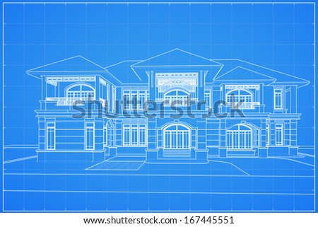 Wireframe blueprint drawing of classical house - Vector illustration