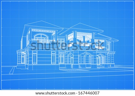 Wireframe Blueprint Drawing Of Classical House - Vector Illustration